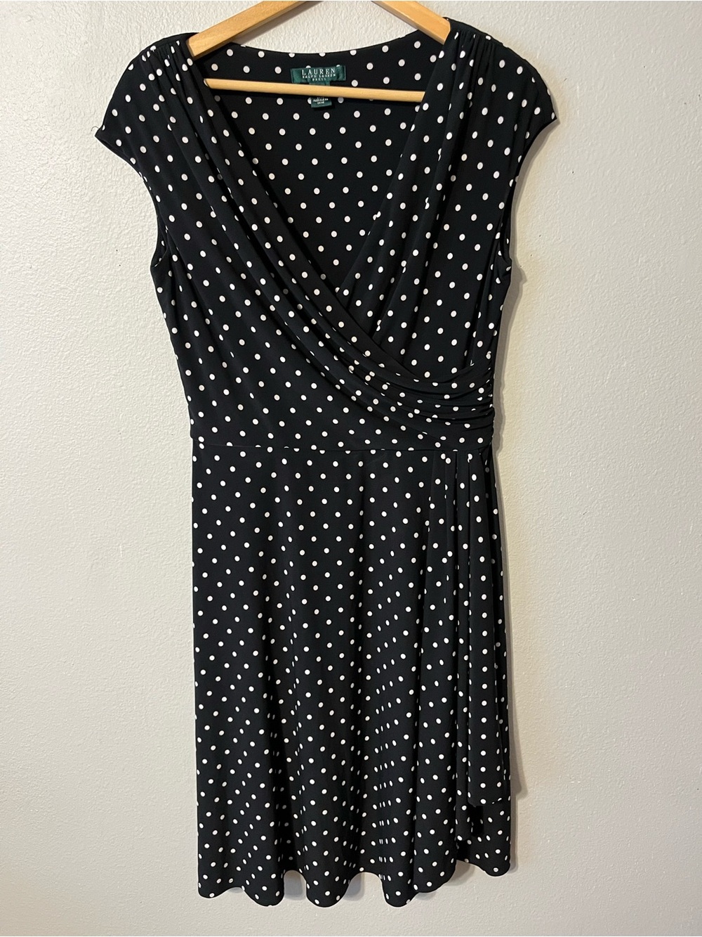 Timeless Black and White Polka Dot Ralph Lauren Jersey Faux Wrap Romantic Sz10